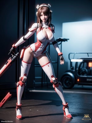 A woman, wearing mecha suit+cybernetic armor+futuristic suit, white suit with red parts, cybernetic helmet with colored visor, gigantic breasts, bright red hair, extremely short hair, hair with bangs in front of the eyes, (((looking at the viewer, sensual pose+Interacting+leaning on anything+object+leaning against))) in a dungeon with waterfall with many machines,  robots, structures, vehicles, ((full body)), 16K, UHD, unreal engine 5, quality max, max resolution, ultra-realistic, ultra-detailed, maximum sharpness, ((perfect_hands, perfect_legs)), Goodhands-beta2, super metroid, mecha, final fantasy, 