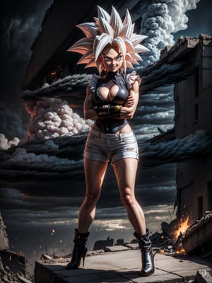 {((1woman))}, {only she is (((wearing black maid attire, extremely short and tight white shorts on the body)), only elá has ((giant breasts)), ((golden Super Saiyan hair, blue eyes)), ((staring at the viewer, smiling)), ((fighting pose, in a completely devastated city, destroyed buildings, clouds in the sky, strong wind))}, ((full body):1.5), ((Super Saiyan Ultra Instinct)), 16k, best quality, best resolution, best sharpness,