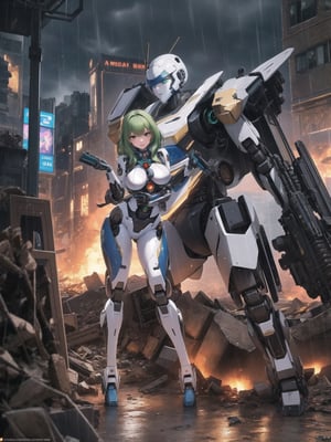 ((A woman, robot)), wearing all white robotic costume, robotic costume with gears in gold, robotic costume with armor, absurdly gigantic breasts, mohawk hair, green hair, messy hair, (looking directly at the viewer), she is in a war field with many vehicles with heavy armaments, many rubble, destroyed machines, it's night, heavy rain, thunder, ((Cyborg, mecha, futuristic)), 16K, UHD, best possible quality, ultra detailed, best possible possible resolution, Unreal Engine 5, professional photography, she is, ((sensual pose with interaction and leaning on anything + object + on something + leaning against)) + perfect_thighs, perfect_legs, perfect_feet, better_hands, ((full body)), More detail,