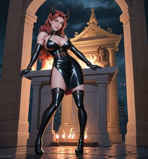 An ultra-detailed 16K masterpiece featuring fantasy, gothic and sensual styles, rendered in ultra-high resolution with realistic details. | A young 23-year-old woman, with huge breasts, wearing a devilish warrior costume consisting of black leather armor with red details, a short black leather dress with red details, black leather knee-high boots, black leather gloves, black leather and demon horns on the head. Her long red hair, styled in a wavy cut, has shiny strands that reflect the torchlight. Her yellow eyes look at the viewer with a seductive expression, smiling and showing her teeth. Located in a macabre temple at night, with dark stone structures, marble columns and demon sculptures. Heavy rain falls, creating a rhythmic sound as it hits the stone floor. Lighted torches illuminate the place, casting dancing shadows on the temple walls. A stone altar, statues of demon warriors, and ancient vases adorn the scene. | The image highlights the imposing figure of the young devilish warrior and the architectural elements of the temple. The dark stone structures, marble columns and demon sculptures, along with the warrior woman, altar, statues and ancient vases, create a frightening and seductive environment. Thunder in the night sky illuminates the scene, creating dramatic shadows and highlighting the details of the scene. | Soft, moody lighting effects create a relaxing and mysterious atmosphere, while rough, detailed textures on structures and costume add realism to the image. | A relaxing and terrifying scene of a young devilish warrior in a macabre temple, fusing elements of gothic art, fantasy and sensuality. | (((The image reveals a full-body shot as the young woman assumes a sensual pose, engagingly leaning against a structure within the scene in an exciting manner. She takes on a sensual pose as she interacts, boldly leaning on a structure, leaning back and boldly throwing herself onto the structure, reclining back in an exhilarating way.))). | ((((full-body shot)))), ((perfect pose)), ((perfect arms):1.2), ((perfect limbs, perfect fingers, better hands, perfect hands, hands)), ((perfect legs, perfect feet):1.2), the young woman has ((perfect breasts, firm breasts, saggy breasts, huge breasts)), ((perfect design)), ((perfect composition)), ((very detailed scene, very detailed background, perfect layout, correct imperfections)), Enhance, Ultra details, More Detail, ((poakl))