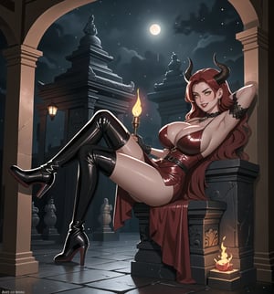 An ultra-detailed 16K masterpiece featuring fantasy, gothic and sensual styles, rendered in ultra-high resolution with realistic details. | A young 23-year-old woman, with huge breasts, wearing a devilish warrior costume consisting of black leather armor with red details, a short black leather dress with red details, black leather knee-high boots, black leather gloves, black leather and demon horns on the head. Her long red hair, styled in a wavy cut, has shiny strands that reflect the torchlight. Her yellow eyes look at the viewer with a seductive expression, smiling and showing her teeth. Located in a macabre temple at night, with dark stone structures, marble columns and demon sculptures. Heavy rain falls, creating a rhythmic sound as it hits the stone floor. Lighted torches illuminate the place, casting dancing shadows on the temple walls. A stone altar, statues of demon warriors, and ancient vases adorn the scene. | The image highlights the imposing figure of the young devilish warrior and the architectural elements of the temple. The dark stone structures, marble columns and demon sculptures, along with the warrior woman, altar, statues and ancient vases, create a frightening and seductive environment. Thunder in the night sky illuminates the scene, creating dramatic shadows and highlighting the details of the scene. | Soft, moody lighting effects create a relaxing and mysterious atmosphere, while rough, detailed textures on structures and costume add realism to the image. | A relaxing and terrifying scene of a young devilish warrior in a macabre temple, fusing elements of gothic art, fantasy and sensuality. | (((The image reveals a full-body shot as the young woman assumes a sensual pose, engagingly leaning against a structure within the scene in an exciting manner. She takes on a sensual pose as she interacts, boldly leaning on a structure, leaning back and boldly throwing herself onto the structure, reclining back in an exhilarating way.))). | ((((full-body shot)))), ((perfect pose)), ((perfect arms):1.2), ((perfect limbs, perfect fingers, better hands, perfect hands, hands)), ((perfect legs, perfect feet):1.2), the young woman has ((perfect breasts, firm breasts, saggy breasts, huge breasts)), ((perfect design)), ((perfect composition)), ((very detailed scene, very detailed background, perfect layout, correct imperfections)), Enhance, Ultra details, More Detail, ((poakl))