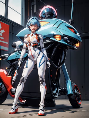 A woman, wearing mecha suit + mechanical suit, white suit with blue parts, gigantic breasts, light blue hair, short hair, straight hair, hair with bangs in front of the eyes, (lock helmet on the head), looking at the viewer, (((pose with interaction and leaning on [something|an object]))), in a giant robot hangar, with many vehicles, machines, gigane robots in the background, is daytime, ((full body):1.5), 16k, UHD, best possible quality, ultra detailed, best possible resolution, Unreal Engine 5, professional photography, well-detailed fingers, well-detailed hand, perfect_hands, ((rei_ayanami)) + ((neon_genesis_evangelion))