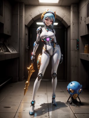 A woman, white suit with black parts, robotic body parts, very large breasts, blue hair, short hair, hair with bangs in front of her eyes, helmet on her head, looking at the viewer, (((erotic pose interacting and leaning [on something|on an object]))), in a laboratory in the sky with various vehicles, machines, robots, ((full body):1.5), 16k, UHD, best possible quality, ultra detailed, best possible resolution, Unreal Engine 5, professional photography, well-detailed fingers, well-detailed hand, perfect_hands, ((super metroid)), ((mecha style)), ((robot style))