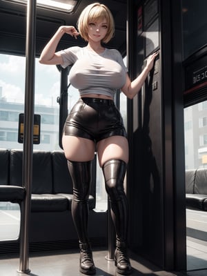 A woman saleswoman, wearing a white T-shirt, dark brown shorts, tight and short clothes on the body, black leather boots, monstrously gigantic breasts, blonde hair, very short hair, bangs in front of the eyes, looking at the viewer, (((erotic pose interacting and leaning on something in the scenario))), on a bus crowded with people of different ethnicities, windows,  is daytime, ((full body):1.5). 16k, UHD, best possible quality, ((best possible detail):1), best possible resolution, Unreal Engine 5, professional photography
