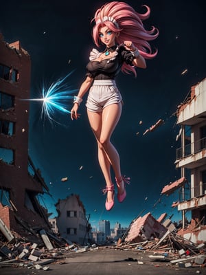 {((1woman))}, {only she is (((wearing black maid attire, extremely short and tight white shorts on the body)), only elá has ((giant breasts)), (((very short pink Super Saiyan hair, blue eyes, emanating magical aura around the body furiously)), ((staring at the viewer, smiling)), ((fighting pose, in a completely devastated city,  destroyed buildings, strong wind))}, ((full body):1.5), 16k, best quality, best resolution, best sharpness,