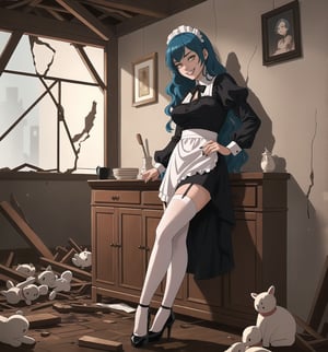 An ultra-detailed 4K masterpiece with Surrealist, Horror and Gothic styles. | A 28-year-old woman, dressed in a maid outfit, is in the middle of a destroyed and macabre apartment. She wears a black dress with a white apron, black stockings, and low-heeled shoes. Her blue hair is long and wavy, falling over her shoulders. Her yellow eyes are looking straight at the viewer, with a ((mischievous smile that shows her sharp, white teeth)). Around her, the apartment is in ruins, with broken furniture, cracked walls, and macabre details like broken porcelain dolls, hairy old toy women, and bloodstains on the walls. | Medium shot composition, dark lighting. | Woman employed in the destroyed and macabre apartment with broken furniture, cracked walls, and macabre details such as broken porcelain dolls, hairy old toy women and blood stains on the walls. | (((((The image reveals a full-body shot as she assumes a sensual pose, engagingly leaning against a structure within the scene in an exciting manner. She takes on a sensual pose as she interacts, boldly leaning on a structure, leaning back in an exciting way.))))). | ((full-body shot)), ((perfect pose)), ((perfect fingers, better hands, perfect hands)), ((perfect legs, perfect feet)), ((Big, huge breasts)), ((perfect design)), ((perfect composition)), ((very detailed scene, very detailed background, perfect layout, correct imperfections)), More Detail, Enhance