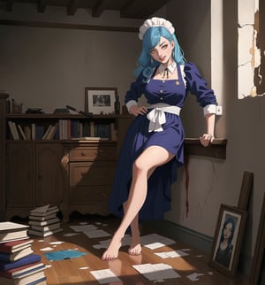 An ultra-detailed 4K masterpiece with Horror, Gothic and Realistic styles. | A woman in her 30s is dressed in a black and white maid uniform, consisting of a dress with a long skirt, a white apron and a white maid cap. She has ((blue) hair), long and wavy, with a hairstyle reminiscent of the 1940s or 1950s, and is decorated with a white sash and a gold brooch. Her yellow eyes are looking directly at the viewer, with a mischievous smile that shows her sharp white teeth, and her makeup is discreet, with dark red lipstick. She is in a destroyed and macabre apartment, with dirty and cracked walls, broken furniture and personal objects scattered across the floor, such as books, photographs and clothes. There are also bloodstains on the walls and floor, suggesting that something terrible has happened in this location, and the light is dim and eerie, creating dark shadows. | Medium shot composition, dark lighting. | Woman employed in a destroyed and macabre apartment, with dirty and cracked walls, broken furniture and personal objects scattered across the floor, such as books, photographs and clothes. There are also bloodstains on the walls and floor. | (((((The image reveals a full-body shot as she assumes a sensual pose, engagingly leaning against a structure within the scene in an exciting manner. She takes on a sensual pose as she interacts, boldly leaning on a structure, leaning back in an exciting way.))))). | ((full-body shot)), ((perfect pose)), ((perfect fingers, better hands, perfect hands)), ((perfect legs, perfect feet)), ((Big, huge breasts)), ((perfect design)), ((perfect composition)), ((very detailed scene, very detailed background, perfect layout, correct imperfections)), More Detail, Enhance