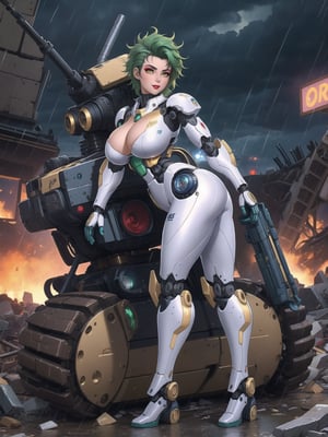((A woman, robot)), wearing all white robotic costume, robotic costume with gears in gold, robotic costume with armor, absurdly gigantic breasts, mohawk hair, green hair, messy hair, (looking directly at the viewer), she is in a war field with many vehicles with heavy armaments, many rubble, destroyed machines, it's night, heavy rain, thunder, ((Cyborg, mecha, futuristic)), 16K, UHD, best possible quality, ultra detailed, best possible possible resolution, Unreal Engine 5, professional photography, she is, ((sensual pose with interaction and leaning on anything + object + on something + leaning against)) + perfect_thighs, perfect_legs, perfect_feet, better_hands, ((full body)), More detail,