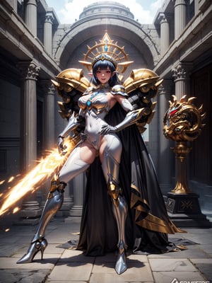 A woman, white armor with black parts, robotic body parts, extremely large breasts, blue hair, short hair, hair with bangs in front of the eyes, helmet on the head, looking at the viewer, (((erotic pose interacting and leaning [on something|on an object])))), in an ancient Greek temple with large structures, machines, robots, ((full body):1.5), 16k,  UHD, best possible quality, ultra detailed, best possible resolution, Unreal Engine 5, professional photography, well-detailed fingers, well-detailed hand, perfect_hands, ((saint seiya style, zelda legend of kingdom style, super metroid style, mecha style, robot style))