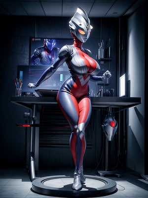 ((1woman)), wearing mecha costume, extremely erotic and tight costume, ((monstrously giant breasts, mask covering face, no hair, carreca)), looking at the viewer, (((erotic pose+interacting+leaning+on something))), on an alien ship, with various machines, computers, aliens, elevators, windows, ((full body):1.5), 16k, UHD, best possible quality, ((ultra detailed):1), best possible resolution, Unreal Engine 5,  professional photography, (((perfect_hands, perfect_fingers)))