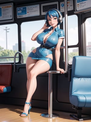 Moderna Moderna, ((gigantic breasts, wearing headphones)), blue hair, braided hair, very short hair, is looking at the viewer, (((sensual pose with interaction and leaning on anything + object + leaning))), she is on a bus with seats, security bars, many people on the bus with different ethnicities, it is day, ((full body): 1.5), 16K, UHD, maximum quality, full resolution, ultra realistic, ultra detailed, ((perfect_hands, perfect_fingers)), Furtastic_Detailer,Goodhands-beta2