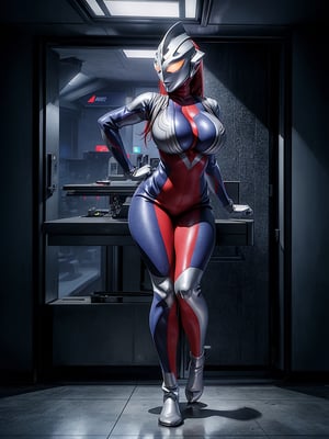 ((1woman)), wearing mecha suit, extremely erotic and tight costume, ((monstrously giant breasts, mask covering face)), looking at the viewer, (((erotic pose+interacting+leaning+on something))), on an alien ship, with various machines, computers, aliens, elevators, windows, ((full body):1.5), 16k, UHD, best possible quality, ((ultra detailed):1), best possible resolution, Unreal Engine 5, professional photography, (((perfect_hands, perfect_fingers)))