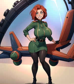 ((Masterpiece in maximum 16K resolution, style inspired by the Totally Spies series, with sharp details and vibrant colors.)) | Sam, a 22-year-old spy with huge breasts, is inside a high-tech aircraft, surrounded by machines, pipes, computers and metal structures. She wears a green spy uniform, which consists of a long-sleeved blouse with black details, a short skirt with black details, high-heeled black boots and black gloves. Her ((short, straight red hair partially covers her forehead)), while her ((light green eyes look straight at the viewer in a serious way)), giving a ((beautiful smile showing her teeth)). Her black belt has a variety of devices and gadgets hidden in it, emphasizing her spy-like appearance. The scene is composed in medium shot, emphasizing Sam's beauty and confident attitude. The angle is slightly tilted, to add a touch of drama. The lighting is bright and colorful, with green and black tones predominating, creating a futuristic and technological atmosphere. The effect of shadows and lights reveals texture and depth in the scene, in a cartoon style. | A spy with huge breasts in a high-tech aircraft, wearing a green uniform and a seductive smile. | {The camera is positioned very close to her, revealing her entire body as she assumes a dynamic pose, interacting with and leaning against a structure in the scene in an exciting way.} | (((She takes a dynamic pose as she interacts, boldly leaning on a structure, leaning back in an exciting way.))), (((((full-body_image))))), ((perfect_pose, perfect_anatomy, perfect_body)), ((perfect_finger, perfect_fingers, perfect_hand, perfect_hands, better_hands)), ((perfect_composition, perfect_design, perfect_layout, perfect_detail)), ((ultra_detailed, More Detail, Enhance)).