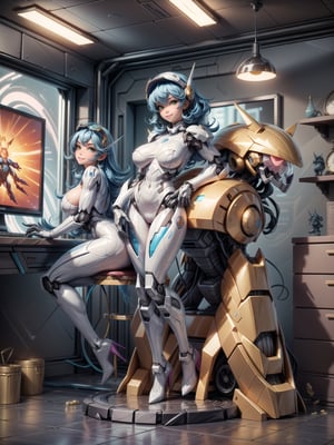 A woman, wearing ((white mecha suit with blue metallic couplings, gigantic breasts, helmet with transparent colored visor)), very short hair, blue hair, messy hair, hair with bangs in front of her eyes, (((looking at the viewer, sensual pose with interaction and leaning on anything+object+on something+leaning against+leaning against))) in a secret laboratory, with many computers, plasma TV, energy fusion machines, window showing an army of aliens, ((full body):1.5); 16K, UHD, unreal engine 5, quality max, max resolution, ultra-realistic, ultra-detailed, maximum sharpness, ((perfect_hands): 1), Goodhands-beta2, [super metroid]+((mecha))+[[Iron Man]]