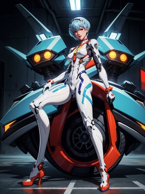 A woman, wearing mecha suit + mechanical suit, white suit with blue parts, gigantic breasts, light blue hair, short hair, straight hair, hair with bangs in front of the eyes, (lock helmet on the head), looking at the viewer, (((pose with interaction and leaning on [something|an object]))), in a giant robot hangar, with many vehicles, machines, gigane robots in the background, is daytime, ((full body):1.5), 16k, UHD, best possible quality, ultra detailed, best possible resolution, Unreal Engine 5, professional photography, well-detailed fingers, well-detailed hand, perfect_hands, ((rei_ayanami)) + ((neon_genesis_evangelion))