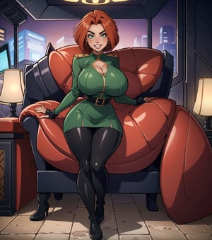 ((Masterpiece in maximum 16K resolution, style inspired by the Totally Spies series, with sharp details and vibrant colors.)) | Sam, a 22-year-old spy with huge breasts, is inside a high-tech aircraft, surrounded by machines, pipes, computers and metal structures. She wears a green spy uniform, which consists of a long-sleeved blouse with black details, a short skirt with black details, high-heeled black boots and black gloves. Her ((short, straight red hair partially covers her forehead)), while her ((light green eyes look straight at the viewer in a serious way)), giving a ((beautiful smile showing her teeth)). Her black belt has a variety of devices and gadgets hidden in it, emphasizing her spy-like appearance. The scene is composed in medium shot, emphasizing Sam's beauty and confident attitude. The angle is slightly tilted, to add a touch of drama. The lighting is bright and colorful, with green and black tones predominating, creating a futuristic and technological atmosphere. The effect of shadows and lights reveals texture and depth in the scene, in a cartoon style. | A spy with huge breasts in a high-tech aircraft, wearing a green uniform and a seductive smile. | {The camera is positioned very close to her, revealing her entire body as she assumes a dynamic pose, interacting with and leaning against a structure in the scene in an exciting way.} | (((She takes a dynamic pose as she interacts, boldly leaning on a structure, leaning back in an exciting way.))), (((((full-body_image))))), ((perfect_pose, perfect_anatomy, perfect_body)), ((perfect_finger, perfect_fingers, perfect_hand, perfect_hands, better_hands)), ((perfect_composition, perfect_design, perfect_layout, perfect_detail)), ((ultra_detailed, More Detail, Enhance)).