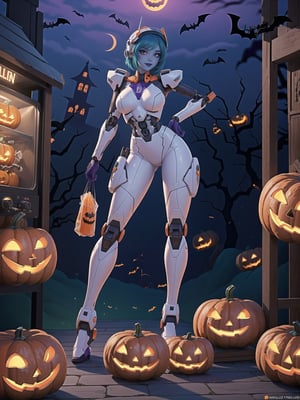 ((A woman + all-blue skin)), ((wore all-white mecha suit, mecha suit with parts in red+lights, mecha suit with cybernetic armor, mecha suit with robotic parts)), gigantic breasts, ((mecha suit covering the whole body)), wearing cybernetic helmet with visor, mohawk hair, green hair, messy hair, (looking directly at the viewer), she is in an ancient village,  with altars, wooden structures, pumpkins with slaps, candles illuminating the place, many signs with monster drawings, candy machines, (((halloween, Ultra Technological)), 16K, UHD, best possible quality, ultra detailed, best possible resolution, Unreal Engine 5, professional photography, she is, ((extroverted Pose with interaction and leaning on anything + object + on something + leaning against)) + perfect_thighs, perfect_legs,  perfect_feet, better_hands, ((full body)), More detail,