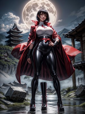 Just a student woman, wearing a red silk coat, white T-shirt, short black pants, extremely tight and tight clothes on the body, gigantic breasts, black hair, very short hair, straight hair, hair with bangs in front of the eyes, (((staring at the viewer, erotic pose interacting and leaning on something)))), in an ancient Japanese village, large pillars, large structures, ghosts, fog, night mountain background with full moon at top left, ((full body):1.5), 16k, UHD, best possible quality, ((ultra detailed):1.2), best possible resolution, Unreal Engine 5, professional photography, perfect_hands