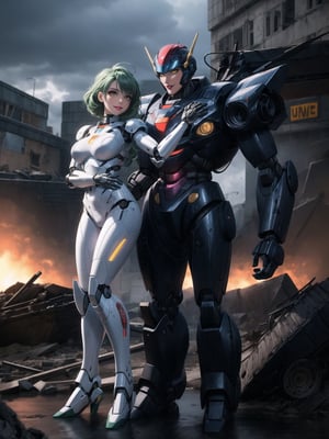 ((A woman, robot)), wearing all white robotic costume, robotic costume with gears in gold, robotic costume with armor, gigantic breasts, mohawk hair, green hair, messy hair, (looking directly at the viewer), she is in a war field with many vehicles with heavy armaments, many rubble, destroyed machines, it's night, heavy rain, thunder, ((Cyborg, mecha, futuristic)), 16K, UHD, best possible quality, ultra detailed, best possible possible resolution, Unreal Engine 5, professional photography, she is, ((dynamic pose with interaction and leaning on anything + object + on something + leaning against)) + perfect_thighs, perfect_legs, perfect_feet, better_hands, ((full body)), More detail,