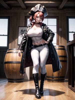 A woman, wearing black leather coat, white T-shirt, long brown leather pants, black leather boots, hat, gigantic breasts, bright red hair, extremely short hair, hair with bangs in front of the eyes, hair with ponytail, looking at the viewer, sensual pose+Interacting+leaning on anything+object+leaning against on a pirate ship with many wooden structures,  barrels, treasure chests, pirates of different ethnicities, ((full body):1.5), 16K, UHD, unreal engine 5, quality max, max resolution, ultra-realistic, ultra-detailed, maximum sharpness, ((perfect_hands):1), Goodhands-beta2, ((wearing black leather coat, white T-shirt, long brown leather pants, black leather boots, hat, gigantic breasts)), ((pirates of the caribbean)), ((sensual pose+Interacting+leaning on anything+object+leaning against))