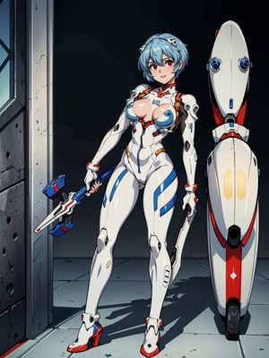 A woman, wearing mecha suit + mechanical suit, white suit with blue parts, gigantic breasts, light blue hair, short hair, straight hair, hair with bangs in front of the eyes, (lock helmet on the head), looking at the viewer, (((pose with interaction and leaning on [something|an object]))), in a giant robot hangar, with many vehicles, machines, gigane robots in the background, is daytime, ((full body):1.5), 16k, UHD, best possible quality, ultra detailed, best possible resolution, Unreal Engine 5, professional photography, well-detailed fingers, well-detailed hand, perfect_hands, ((rei_ayanami)) + ((neon_genesis_evangelion))