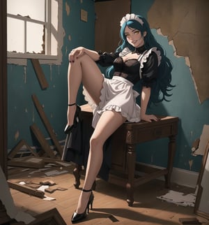 An ultra-detailed 4K masterpiece with Horror, Gothic and Realistic styles. | A 25-year-old woman is dressed in a maid's uniform, consisting of a black dress with white lace, a white apron with lace details, a white coiffe on her head and black low-heeled shoes. She has long blue hair, with a layered cut and pink highlights, and her yellow eyes, with a cheerful expression, look at the viewer as she smiles and shows her white teeth. She is in a destroyed and macabre apartment, with cracked walls, broken furniture, shattered windows, personal belongings scattered across the floor and a weak, yellowish light illuminating the room. | Medium shot composition, dark lighting. | Woman employed in a destroyed and macabre apartment, with cracked walls, broken furniture, shattered windows, personal belongings scattered across the floor and a weak, yellowish light illuminating the room. | (((((The image reveals a full-body shot as she assumes a sensual pose, engagingly leaning against a structure within the scene in an exciting manner. She takes on a sensual pose as she interacts, boldly leaning on a structure, leaning back in an exciting way.))))). | ((full-body shot)), ((perfect pose):1.5), ((perfect fingers, better hands, perfect hands)), ((perfect legs, perfect feet)), ((Big, huge breasts)), ((perfect design)), ((perfect composition)), ((very detailed scene, very detailed background, perfect layout, correct imperfections)), More Detail, Enhance