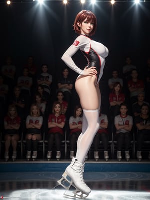 A woman, wearing white Olympic skating lycra costume with black parts, extremely tight costume on the body, wearing ice skates, gigantic breasts, very short red hair, bangs in front of the eyes, (((erotic pose interacting with the audience))), in an ice skating rink, many people in the audience watching, excellent lighting, windows, is daytime,  photographers, ((full body):1.5). 16k, UHD, best possible quality, best possible detail, best possible resolution, Unreal Engine 5,