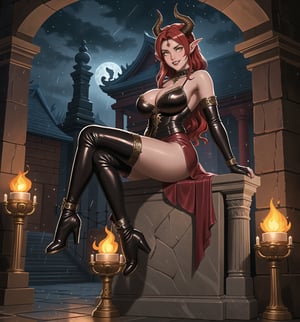 An ultra-detailed 16K masterpiece featuring fantasy, gothic and sensual styles, rendered in ultra-high resolution with realistic details. | A young 23-year-old woman, with huge breasts, wearing a devilish warrior costume consisting of black leather armor with red details, a short black leather dress with red details, black leather knee-high boots, black leather gloves, black leather and demon horns on the head. Her long red hair, styled in a wavy cut, has shiny strands that reflect the torchlight. Her yellow eyes look at the viewer with a seductive expression, smiling and showing her teeth. Located in a macabre temple at night, with dark stone structures, marble columns and demon sculptures. Heavy rain falls, creating a rhythmic sound as it hits the stone floor. Lighted torches illuminate the place, casting dancing shadows on the temple walls. A stone altar, statues of demon warriors, and ancient vases adorn the scene. | The image highlights the imposing figure of the young devilish warrior and the architectural elements of the temple. The dark stone structures, marble columns and demon sculptures, along with the warrior woman, altar, statues and ancient vases, create a frightening and seductive environment. Thunder in the night sky illuminates the scene, creating dramatic shadows and highlighting the details of the scene. | Soft, moody lighting effects create a relaxing and mysterious atmosphere, while rough, detailed textures on structures and costume add realism to the image. | A relaxing and terrifying scene of a young devilish warrior in a macabre temple, fusing elements of gothic art, fantasy and sensuality. | (((The image reveals a full-body shot as the young woman assumes a sensual pose, engagingly leaning against a structure within the scene in an exciting manner. She takes on a sensual pose as she interacts, boldly leaning on a structure, leaning back and boldly throwing herself onto the structure, reclining back in an exhilarating way.))). | ((((full-body shot)))), ((perfect pose)), ((perfect arms):1.2), ((perfect limbs, perfect fingers, better hands, perfect hands, hands)), ((perfect legs, perfect feet):1.2), the young woman has ((perfect breasts, firm breasts, saggy breasts, huge breasts)), ((perfect design)), ((perfect composition)), ((very detailed scene, very detailed background, perfect layout, correct imperfections)), Enhance, Ultra details, More Detail, ((poakl))