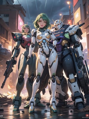 ((A woman, robot)), wearing all white robotic costume, robotic costume with gears in gold, robotic costume with armor, mohawk hair, green hair, messy hair, (looking directly at the viewer), she is in a war field with many vehicles with heavy armaments, many rubble, destroyed machines, it's night, heavy rain, thunder, ((Cyborg, mecha, futuristic)), 16K, UHD, best possible quality, ultra detailed, best possible possible resolution, Unreal Engine 5, professional photography, she is, ((sensual pose with interaction and leaning on anything + object + on something + leaning against)) + perfect_thighs, perfect_legs, perfect_feet, better_hands, ((full body)), More detail,