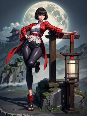 Just a student woman, wearing a red silk coat, white T-shirt, short black pants, extremely tight and tight clothes on the body, gigantic breasts, black hair, very short hair, straight hair, hair with bangs in front of the eyes, (((staring at the viewer, erotic pose interacting and leaning on something)))), in an ancient Japanese village, large pillars, large structures, ghosts, fog, night mountain background with full moon at top left, ((full body):1.5), 16k, UHD, best possible quality, ((ultra detailed):1.2), best possible resolution, Unreal Engine 5, professional photography, perfect_hands