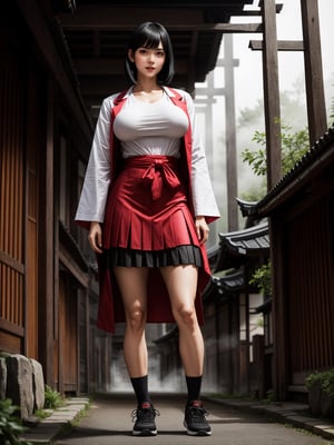A woman, wearing a schoolgirl outfit with a white t-shirt, red coat, short black skirt, long white socks, black sneakers, ((gigantic breasts)), black hair, very short hair, straight hair, hair with bangs in front of her eyes, ((blood everywhere)), looking at the viewer, (([pose with interaction and leaning on something|pose with interaction and leaning on a large object])), in an ancient Japanese village at night, with altars , structures, windows, heavy fog, ((full body):1.5), 16k, UHD, best possible quality, ultra detailed, best possible resolution, Unreal Engine 5, professional photography, well-detailed fingers, well-detailed hand, perfect_hands , perfect, ((fatal frame crimson butterfly))
