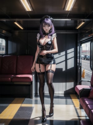 ((full body, standing):1.5), {(1woman)}, {((wearing black maid outfit with white parts, extremely tight and tight on the body)), looking at the viewer, furious, (( extremely large breasts)), ((purple hair, bright blue eyes)), ((striking an extremely sexual pose))}, {((on a moving train, daylight, crowded with people, people sitting, people of different ethnicities))}, 16k, best quality, best resolution, best sharpness, ultra detailed