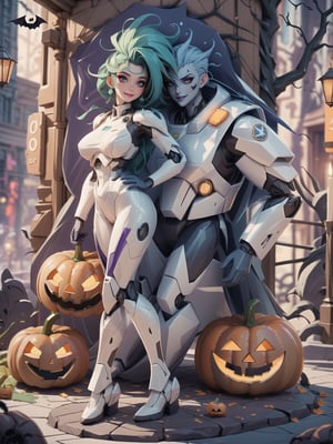 (Solo woman all-blue skin), wore all-white mecha suit, mecha suit with parts in blue+lights, mecha suit with cybernetic armor, mecha suit with robotic parts, gigantic breasts, ((mecha suit covering the whole body)), wearing cybernetic helmet with visor, mohawk hair, green hair, messy hair, (looking directly at the viewer), she is in an ancient village,  with altars, wooden structures, pumpkins with slaps, candles illuminating the place, many signs with monster drawings, candy machines, (((halloween, Ultra Technological)), 16K, UHD, best possible quality, ultra detailed, best possible resolution, Unreal Engine 5, professional photography, she is, ((sensual pose with interaction and leaning on anything + object + on something + leaning against)) + perfect_thighs, perfect_legs,  perfect_feet, better_hands, ((full body)), More detail,