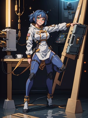 A woman, wearing black lock costume + gold armor + lights attached, very tight costume, (gigantic breasts), blue hair, very short hair, straight hair, hair with ponytail, hair with bangs in front of the eyes, (hood on the head), looking at the viewer, ((([pose with interaction and leaning on a structure|pose with interaction and leaning on something|pose with interaction and leaning on some object]))), in a spaceship, with computer machines, window, ((full body):1.5), 16k, UHD, best possible quality, ultra detailed, best possible resolution, Unreal Engine 5, professional photography, well-detailed fingers, well-detailed hand, perfect_hands, perfect, ((astronaut+mecha))