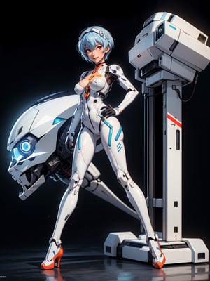 A woman, wearing mecha suit + mechanical suit, white suit with blue parts, gigantic breasts, light blue hair, short hair, straight hair, hair with bangs in front of the eyes, (lock helmet on the head), looking at the viewer, (((pose with interaction and leaning on [something|an object]))), in a giant robot hangar, with many vehicles, machines, gigane robots in the background, is daytime, ((full body):1.5), 16k, UHD, best possible quality, ultra detailed, best possible resolution, Unreal Engine 5, professional photography, well-detailed fingers, well-detailed hand, perfect_hands, ((rei_ayanami)) + ((neon_genesis_evangelion))