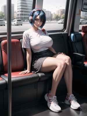 a woman, wearing white T-shirt, black coat, red short skirt, sneakers, very tight and moderna outfit, ((gigantic breasts)), blue hair, braided hair, very short hair, wearing ((headphones)), is looking at the viewer, (((sensual pose with interaction and leaning on anything+object+leaning))), she is on a bus with seats, security bars, many people on the bus with different ethnicities, it is day, ((full body):1.5), 16K, UHD, maximum quality, maximum resolution, ultra realistic, ultra detailed, ((perfect_hands, perfect_fingers)), Furtastic_Detailer,Goodhands-beta2,