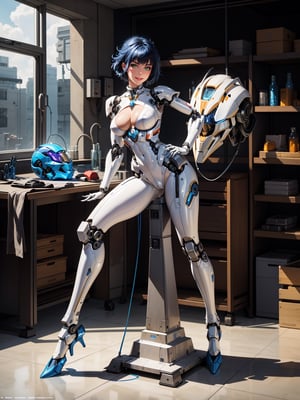 A woman, white suit with black parts, robotic body parts, very large breasts, blue hair, short hair, hair with bangs in front of her eyes, helmet on her head, looking at the viewer, (((erotic pose interacting and leaning [on something|on an object]))), in a laboratory in the sky with various vehicles, machines, robots, ((full body):1.5), 16k, UHD, best possible quality, ultra detailed, best possible resolution, Unreal Engine 5, professional photography, well-detailed fingers, well-detailed hand, perfect_hands, ((mecha style)), ((robot style))