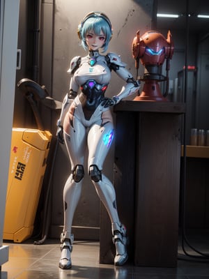 A woman, white suit with black parts, robotic body parts, very large breasts, blue hair, short hair, hair with bangs in front of her eyes, helmet on her head, looking at the viewer, (((erotic pose interacting and leaning [on something|on an object]))), in a laboratory with various vehicles, machines, robots, ((full body):1.5), 16k, UHD, best possible quality,  ultra detailed, best possible resolution, Unreal Engine 5, professional photography, well-detailed fingers, well-detailed hand, perfect_hands, ((super metroid)), ((mecha style)), ((robot style))