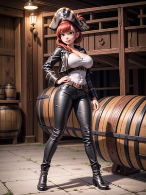 A woman, wearing pirate costume with black leather coat, white T-shirt, long brown leather pants, black leather boots, hat, gigantic breasts, bright red hair, extremely short hair, hair with bangs in front of the eyes, hair with ponytail, looking at the viewer, sensual pose+Interacting+leaning on anything+object+leaning against on a pirate ship with many wooden structures,  barrels, treasure chests, pirates of different ethnicities, ((full body):1.5), 16K, UHD, unreal engine 5, quality max, max resolution, ultra-realistic, ultra-detailed, maximum sharpness, ((perfect_hands):1), Goodhands-beta2, ((gigantic breasts, sensual pose+Interacting+leaning on anything+object+leaning against)), ((pirates of the caribbean)),