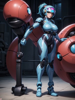 A woman, wearing ((mecha suit+cybernetic armor+futuristic costume, white suit with blue parts, cybernetic helmet with colored visor, gigantic breasts)), bright blue hair, extremely short hair, hair with bangs in front of the eyes, hair with ponytail, looking at the viewer, sensual pose+Interacting+leaning on anything+object+leaning against on a ship with many machines, robots, structures, ((full body):1.5), 16K, UHD, unreal engine 5, quality max, max resolution, ultra-realistic, ultra-detailed, maximum sharpness, ((perfect_hands):1), Goodhands-beta2, ((super metroid, mecha, final fantasy)), ((looking at the viewer, sensual pose+Interacting+leaning on anything+object+leaning against)), 