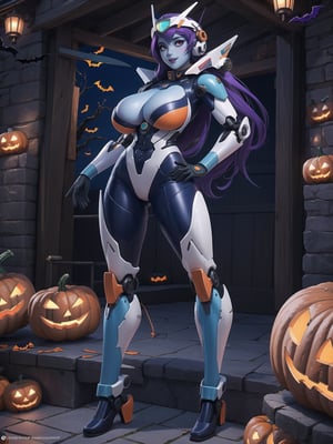 ((A woman + all-blue skin)), wore all-white mecha suit, mecha suit with parts in red+lights, mecha suit with cybernetic armor, mecha suit with robotic parts, gigantic breasts, ((mecha suit covering the whole body)), wearing cybernetic helmet with visor, mohawk hair, green hair, messy hair, (looking directly at the viewer), she is in an ancient village,  with altars, wooden structures, pumpkins with slaps, candles illuminating the place, many signs with monster drawings, candy machines, (((halloween, Ultra Technological)), 16K, UHD, best possible quality, ultra detailed, best possible resolution, Unreal Engine 5, professional photography, she is, ((extroverted Pose with interaction and leaning on anything + object + on something + leaning against)) + perfect_thighs, perfect_legs,  perfect_feet, better_hands, ((full body)), More detail,