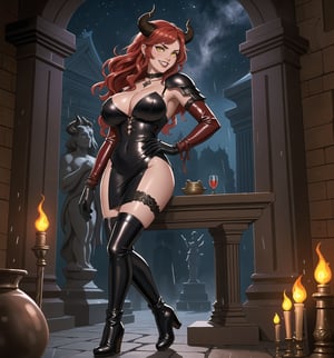 An ultra-detailed 16K masterpiece featuring fantasy, gothic and sensual styles, rendered in ultra-high resolution with realistic details. | A young 23-year-old woman, with huge breasts, wearing a devilish warrior costume consisting of black leather armor with red details, a short black leather dress with red details, black leather knee-high boots, black leather gloves, black leather and demon horns on the head. Her long red hair, styled in a wavy cut, has shiny strands that reflect the torchlight. Her yellow eyes look at the viewer with a seductive expression, smiling and showing her teeth. Located in a macabre temple at night, with dark stone structures, marble columns and demon sculptures. Heavy rain falls, creating a rhythmic sound as it hits the stone floor. Lighted torches illuminate the place, casting dancing shadows on the temple walls. A stone altar, statues of demon warriors, and ancient vases adorn the scene. | The image highlights the imposing figure of the young devilish warrior and the architectural elements of the temple. The dark stone structures, marble columns and demon sculptures, along with the warrior woman, altar, statues and ancient vases, create a frightening and seductive environment. Thunder in the night sky illuminates the scene, creating dramatic shadows and highlighting the details of the scene. | Soft, moody lighting effects create a relaxing and mysterious atmosphere, while rough, detailed textures on structures and costume add realism to the image. | A relaxing and terrifying scene of a young devilish warrior in a macabre temple, fusing elements of gothic art, fantasy and sensuality. | (((The image reveals a full-body shot as the young woman assumes a sensual pose, engagingly leaning against a structure within the scene in an exciting manner. She takes on a sensual pose as she interacts, boldly leaning on a structure, leaning back and boldly throwing herself onto the structure, reclining back in an exhilarating way.))). | ((((full-body shot)))), ((perfect pose)), ((perfect arms):1.2), ((perfect limbs, perfect fingers, better hands, perfect hands, hands)), ((perfect legs, perfect feet):1.2), the young woman has ((perfect breasts, firm breasts, saggy breasts, huge breasts)), ((perfect design)), ((perfect composition)), ((very detailed scene, very detailed background, perfect layout, correct imperfections)), Enhance, Ultra details, More Detail, ((poakl))