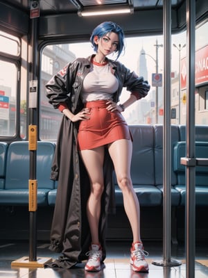 a woman, wearing white T-shirt, black coat, red short skirt, sneakers, very tight and moderna outfit, ((gigantic breasts)), blue hair, braided hair, very short hair, wearing ((headphones)), is looking at the viewer, (((sensual pose with interaction and leaning on anything+object+leaning))), she is on a bus with seats, security bars, many people on the bus with different ethnicities, it is day, ((full body):1.5), 16K, UHD, maximum quality, maximum resolution, ultra realistic, ultra detailed, ((perfect_hands, perfect_fingers)), Furtastic_Detailer,Goodhands-beta2,