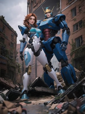 ((A woman, robot)), wearing all white robotic costume, robotic costume with gears in gold, robotic costume with armor, gigantic breasts, mohawk hair, red hair, messy hair, (looking directly at the viewer), she is in a war field with many vehicles with heavy armaments, many rubble, destroyed machines, it's night, heavy rain, thunder, ((Cyborg, mecha, futuristic)), 16K, UHD, best possible quality, ultra detailed, best possible possible resolution, Unreal Engine 5, professional photography, she is, ((dynamic pose with interaction and leaning on anything + object + on something + leaning against)) + perfect_thighs, perfect_legs, perfect_feet, better_hands, ((full body)), More detail,