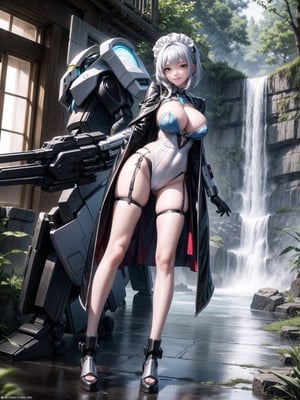 A woman, wearing a mecha outfit+cybernetic armor coat+futuristic costume, a white costume with blue parts, cybernetic helmet with colored visor, gigantic breasts, light blue hair, extremely short hair, hair with bangs in front of her eyes, ((looking at the viewer)), (((sensual pose+Interacting+leaning on anything+object+leaning against))), in a forest with waterfall, with large structures, altars with Ancient Writings, robots, robotic machines, 16K, UHD, ((full body)), Unreal Engine 5, quality max, max resolution, ultra-realistic, ultra-detailed, maximum sharpness, ((perfect_hands)), ((perfect_legs)), Goodhands-beta2, ((mecha+maid costume))