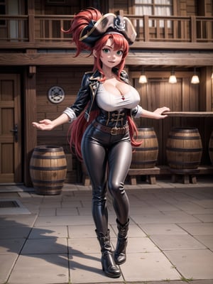 A woman, wearing pirate costume with black leather coat, white T-shirt, long brown leather pants, black leather boots, hat, gigantic breasts, bright red hair, extremely short hair, hair with bangs in front of the eyes, hair with ponytail, looking at the viewer, sensual pose+Interacting+leaning on anything+object+leaning against on a pirate ship with many wooden structures,  barrels, treasure chests, pirates of different ethnicities, ((full body):1.5), 16K, UHD, unreal engine 5, quality max, max resolution, ultra-realistic, ultra-detailed, maximum sharpness, ((perfect_hands):1), Goodhands-beta2, ((gigantic breasts, pirates of the caribbean)), ((sensual pose+Interacting+leaning on anything+object+leaning against))