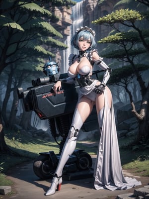 A woman, wearing a mecha outfit+cybernetic armor coat+futuristic costume, a white costume with blue parts, cybernetic helmet with colored visor, gigantic breasts, light blue hair, extremely short hair, hair with bangs in front of her eyes, ((looking at the viewer)), (((sensual pose+Interacting+leaning on anything+object+leaning against))), in a forest with waterfall, with large structures, altars with Ancient Writings, robots, robotic machines, 16K, UHD, ((full body)), Unreal Engine 5, quality max, max resolution, ultra-realistic, ultra-detailed, maximum sharpness, ((perfect_hands)), ((perfect_legs)), Goodhands-beta2, ((mecha+maid costume))