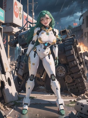 ((A woman, robot)), wearing all white robotic costume, robotic costume with gears in gold, robotic costume with armor, absurdly gigantic breasts, mohawk hair, green hair, messy hair, (looking directly at the viewer), she is in a war field with many vehicles with heavy armaments, many rubble, destroyed machines, it's night, heavy rain, thunder, ((Cyborg, mecha, futuristic)), 16K, UHD, best possible quality, ultra detailed, best possible possible resolution, Unreal Engine 5, professional photography, she is, ((sensual pose with interaction and leaning on anything + object + on something + leaning against)) + perfect_thighs, perfect_legs, perfect_feet, better_hands, ((full body)), More detail,