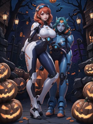 (woman_solo all-blue skin, chibi), wore all-white mecha suit, mecha suit with parts in red+lights, mecha suit with cybernetic armor, mecha suit with robotic parts, gigantic breasts, ((mecha suit covering the whole body)), wearing cybernetic helmet with visor, mohawk hair, green hair, messy hair, (looking directly at the viewer), she is in an ancient village,  with altars, wooden structures, pumpkins with slaps, candles illuminating the place, many signs with monster drawings, candy machines, (((halloween, Ultra Technological)), 16K, UHD, best possible quality, ultra detailed, best possible resolution, Unreal Engine 5, professional photography, she is, ((Extroverted Pose with interaction and leaning on anything + object + on something + leaning against)) + perfect_thighs, perfect_legs,  perfect_feet, better_hands, ((full body)), More detail,