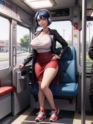 a woman, wearing white T-shirt, black coat, red short skirt, sneakers, very tight and moderna outfit, ((gigantic breasts)), blue hair, braided hair, very short hair, wearing ((headphones)), is looking at the viewer, (((sensual pose with interaction and leaning on anything+object+leaning))), she is on a bus with seats, security bars, many people on the bus with different ethnicities, it is day, ((full body):1.5), 16K, UHD, maximum quality, maximum resolution, ultra realistic, ultra detailed, ((perfect_hands, perfect_fingers)), Furtastic_Detailer,Goodhands-beta2,